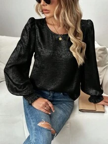 SHEIN LUNE Women's Gold Foil Round Neck Lantern Sleeve Blouse - Black - View 6