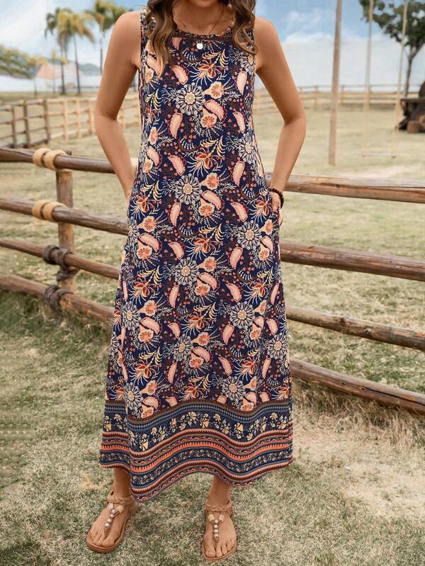 SHEIN LUNE Women's Casual Paisley Floral Print Pockets Long Dress, Sleeveless, Basic For Daily, Vacation, Spring/Summer