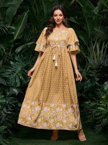 Lacomfia 女士简约时尚休闲阿拉伯风格连衣裙，适合日常穿着 - 橘色 - 查看 3