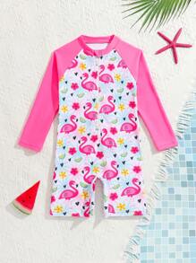 SHEIN Young Girls Flamingo Print Long Sleeve One-Piece Swimsuit With Zipper  Beachwear Summer Holiday - Multicolor - View 3