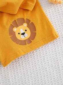 Cozy Pixies Set de 2 piezas de body de niño bebé con estampado de león de dibujos animados y top de punto de cuello redondo de manga corta, y pantalones cortos de cintura elástica
