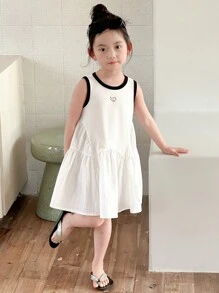 Dazy Kids 年轻女孩字母印花下摆圆领无袖休闲连衣裙，返校服 - 白色 - 查看 6