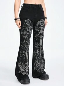 ROMWE Grunge Punk Spring/Summer Black Graphic Plus Size Rock Punk Gothic Skull & Vine Print Distressed Flare Leg Jeans - Black - View 4