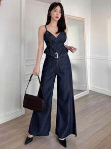 DAZY 女士 V 领交叉吊带背心 + 阔腿牛仔裤两件套 - 深色水洗藍 - 查看 6