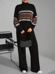 SHEIN Cottnline Women's Geometric Pattern High Neck Sweater 2pcs/Set - Multicolor - View 1