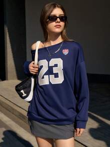 Jouncy Women's Asymmetrical Collar Long Sleeve Sweatshirt With Digit Print, Autumn/Winter Pullover Fall Sweatshirt