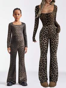 SHEIN Tween Girls Spring/Summer Leopard Print Square Neck Long Sleeve Flared Fashion Jumpsuit - Brown - View 1