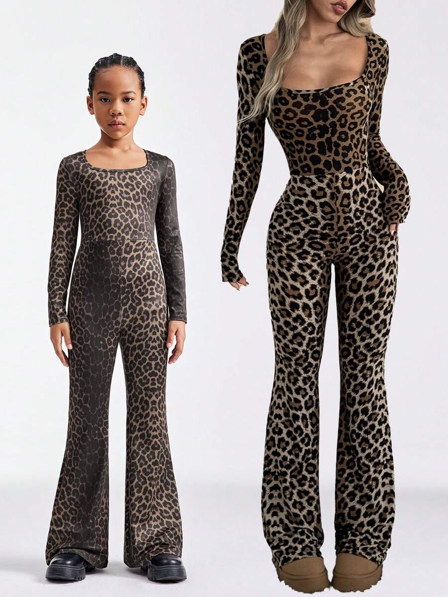 SHEIN Tween Girls Spring/Summer Leopard Print Square Neck Long Sleeve Flared Fashion Jumpsuit - Brown - View 1