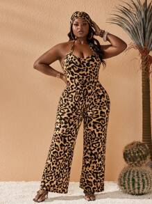 Slaydiva Plus Size Women Leopard Print Deep V-Neck Open Back Halter Jumpsuit - Multicolor - View 3