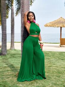 Slaydiva Women Summer Casual Beach Vacation Sleeveless Twist Knot Vest Top And Wide Leg Pleated Pants 2 Pieces Set - Green