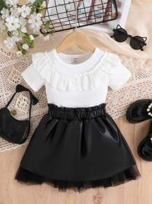Baby Girls French Floral Lace Trim White T-Shirt & Black Mesh Skirt 2pcs Set, Sweet & Elegant, Summer - Black - View 1