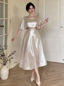 DAZY Elegant Solid Color V-Neck Mid-Length Dress For Wedding Guests, Summer Elegant Sundress,Formal Women Dresses - Apricot - View 11