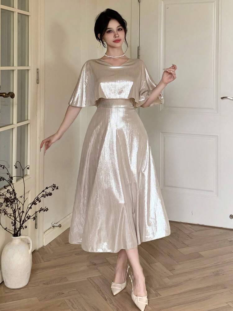 Elegant Solid Color V-Neck Mid-Length Dress For Wedding Guests, Summer Elegant Sundress,Formal Women Dresses