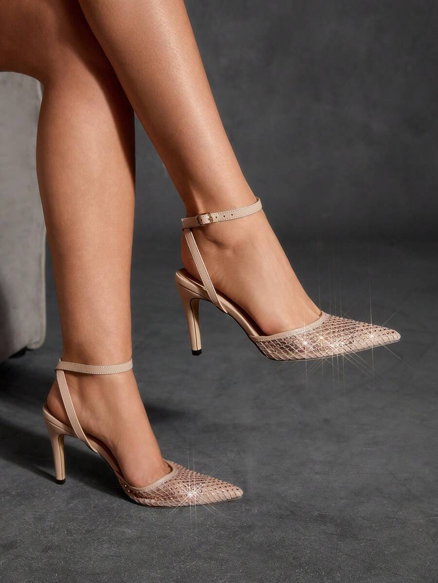 CUCCOO SZL 女士尖头高跟水钻透明带穆勒鞋，银色女士高跟鞋，适合夜间外出、街头时尚的坏女孩风格，适合约会、派对、夏季的性感装扮