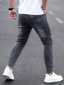 Manfinity Homme Men's Casual Denim Skinny Jeans, Simple Fashion Daily Wear - Light Grey - View 2