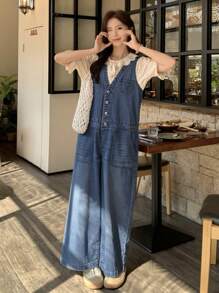 FRIFUL Quần yếm denim & quần liền thân cho nữ, ống đứng, màu xanh đã giặt, mùa xuân - Rửa trung bình - Xem 1