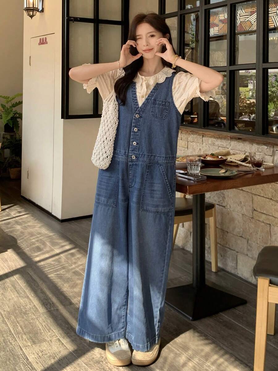FRIFUL Quần yếm denim & quần liền thân cho nữ, ống đứng, màu xanh đã giặt, mùa xuân - Rửa trung bình - Xem 1