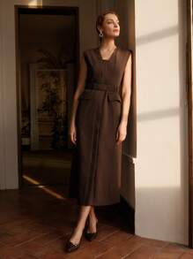 Anewsta Elaire Retro Elegant Elastic Waistband Open Placket Suit Sleeveless Dress Old Money - Brown - View 1
