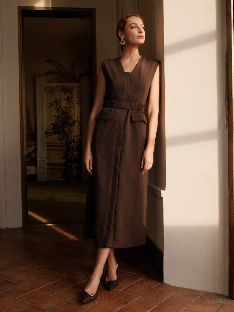 Anewsta Elaire Retro Elegant Elastic Waistband Open Placket Suit Sleeveless Dress Old Money