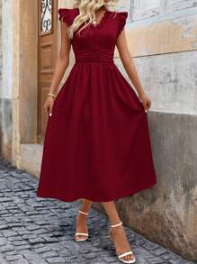 SHEIN Clasi Đầm Maxi Dài Thanh Lịch Cho Nữ Mùa Hè Trơn Màu Có Viền Xếp Nếp Eo - Màu Đỏ Sâu - Xem 5