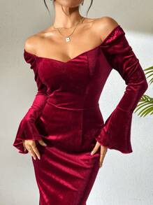 Calvaya French Style High-End Luxurious Niche Burgundy Velvet Dress Women, Suitable For Gala/Party, Autumn/Winter