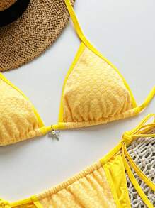 Swim Mod Springbreak 女式 2 件套沙滩装纹理纯色吊带蝴蝶结短款上衣和系带短裤夏季比基尼套装，波西米亚风 - 黃色 - 查看 3