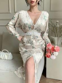 DAZY Vestido de mujer de cuello en V profundo con estampado floral de longitud media para fiesta, vestido de otoño de manga larga, vestido elegante para mujer - Beis - Ver 8