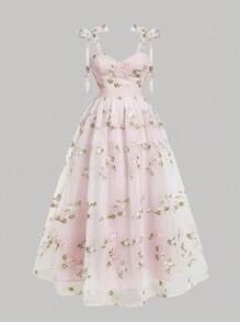 SHEIN MOD Plus Size Women Summer Long Dress With Mesh Embroidered Tie Strap And Cupped Bust,Beach Dress Sundress,Holiday Outfits Boho,Corset Dress,Birthday Dresses For Women