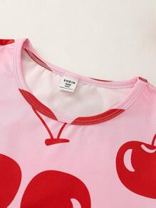 SHEIN Tween Girl Cherry Print Short Sleeve Top & Tight Fit Pants 2 Pieces Loungewear Set