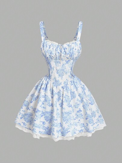 SHEIN MOD Vestido corto de mujer con tirantes, estampado azul y blanco, con encaje y espalda cruzada, atuendo primaveral para citas, Día de San Valentín
