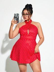 SHEIN ICON Vestido rojo con lunares de escote halter y espalda descubierta, talla grande, atuendo para el Día de San Valentín de verano - Rojo y blanco - Ver 6