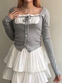 DAZY Women Contrast Color Patchwork 2 In 1 Wrap Short Long Sleeve T-Shirt, Grey, Spring/Summer/Autumn - Grey - View 1