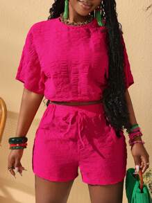 Slaydiva 2pcs New Solid Color Casual Outfit: Crew Neck Short Sleeve Top And Knotted Textured Fabric Shorts Set, Summer - Hot Pink - View 8