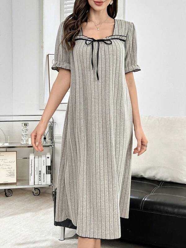 Square Neck Color Block Bowknot Front Casual Dress Loungewear For Women