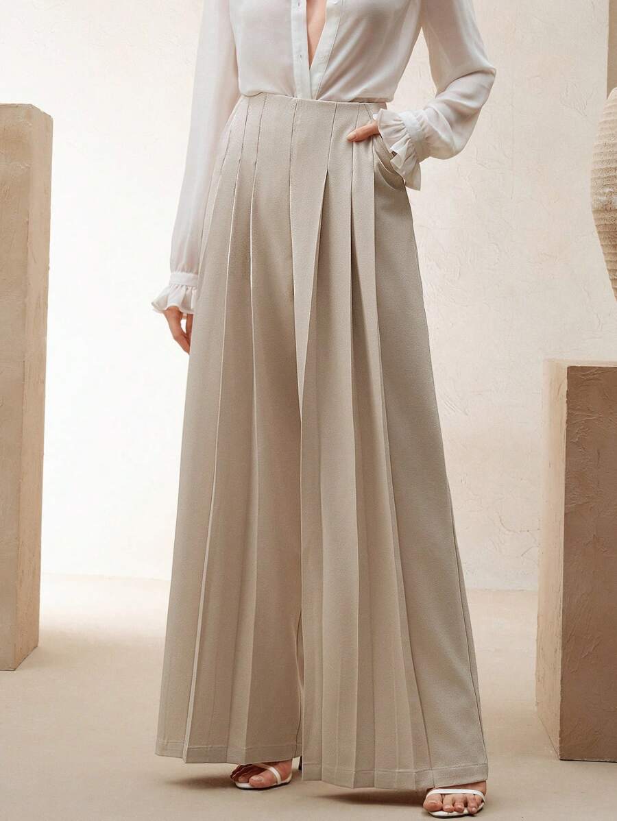 Anewsta Elegant & Fashionable Solid Color Slimming Double Pleat Wide Leg Pants, Women Office - Khaki - View 1