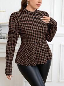 Reflora Women's Plus Size Houndstooth Print Long Sleeve Ruffle Hem Casual T-Shirt - Brown - View 3