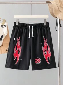 SHEIN Leap Crew Flame Print Casual Shorts Suitable For Teen Boys, Sports Streetwear, Punk Rock, College Style, Everyday Wear, Parties, Music Festivals, Spring/Summer - Black - View 3
