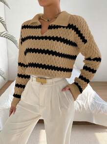 Chiquease Suéter de mujer de manga larga con cuello en V, informal, minimalista y de moda para uso diario, jersey de punto para otoño e invierno - Café integral - Ver 3