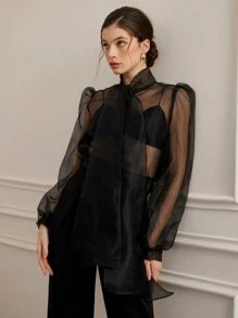 Aveloria Rosie Women's Romantic French Style Organza Sheer Sexy Tied Bow Puff Sleeve Blouse Top, Spring/Summer Fashion Fall Cloth For Women - Black - View 5