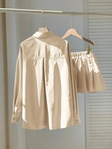 Comfortcana 2pcs Women Set: Blouse & Pleated Skirt - Apricot - View 2