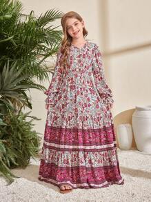 SHEIN Leap Crew Tween Girls Loose V-Neck Long Sleeve Ruffle Cuff Print Long Dress - Apricot - View 6