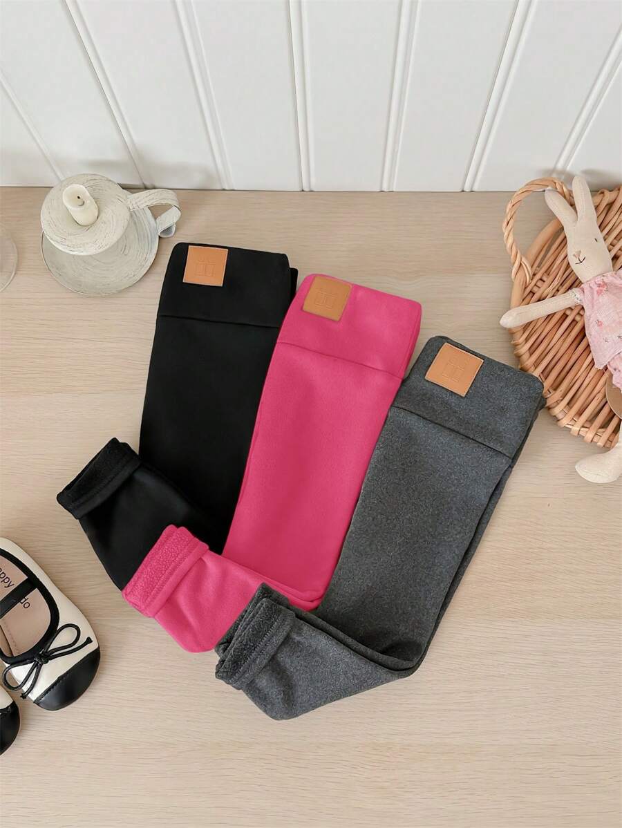 SHEIN LMoss Kids Conjunto de 3 piezas para bebé niña: Mallas ajustadas a juego, casuales y versátiles en negro, gris y rosa rojo. Oferta de compra 1 y lleva 3, elegante para otoño/invierno - Negro - Ver 1