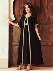 SHEIN Conjunto de 2 piezas para adolescentes con cárdigan negro con lámina de oro y vestido sin mangas elegante de princesa