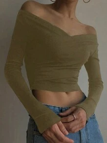 DAZY 女士纯色简约时尚休闲日常T恤长袖女上衣，秋季女装短款女上衣 - 軍綠色 - 查看 4