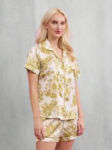 TryMe Garden Print Lapel Collared Button Down Short Sleeve Satin Pajama Set - Green - View 6