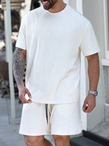 Manfinity Homme Plus Size Men's Solid Color Crew Neck Short Sleeve T-Shirt And Shorts Set - Khaki - View 5