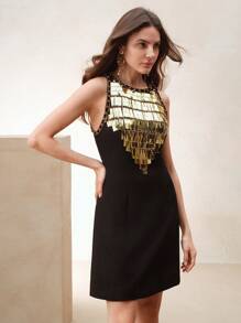 Anewsta French Elegant High-End Embellished Gold Sequin Beaded Sleeveless Dress - Black - View 5