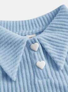 SHEIN Girlism Tween Girl 优雅衣领心形纽扣罗纹针织无袖背心 - 淺藍色 - 查看 4