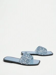 CUCCOO TILAWA New Women Outdoor Flat Sandals, Square Toe Rhinestone Silver Slippers, Casual Comfortable Party And Work Summer Shoes, Thick Sole Anti-Skid Slides Spring Shoes Spring Break Easter - Blue - View 4