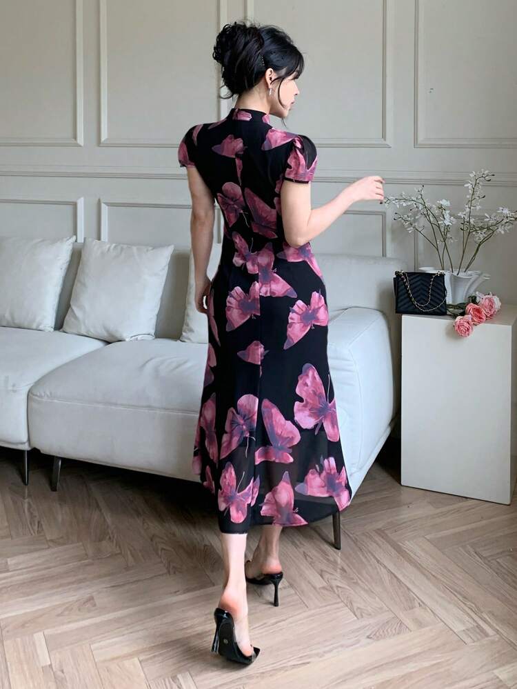 Chinese Style Floral Print Stand Collar Mid-Long Dress For Women, Festival/Valentine's Day Prom Dress Elegant Women Dresses